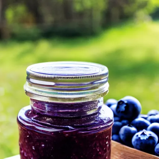 Image similar to a jar of blueberry jam on a table outside, bright daylight, depth of field