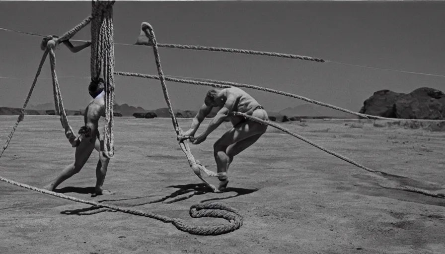 Prompt: 1 9 6 0 s movie still of marcus atilius regulus tied with ropes at pole in direction of the burning sun with blood flowing off his eyes cinestill 8 0 0 t 3 5 mm b & w, high quality, heavy grain, high detail, texture, dramatic light, anamorphic, hyperrealistic, detailed hair