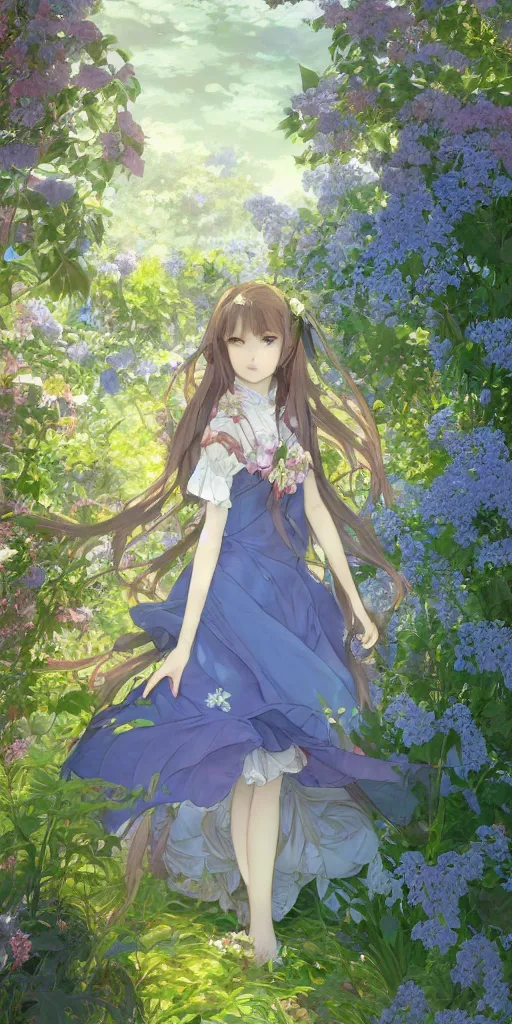Image similar to a digital art of a loli with long hair in a dress in the privet garden at after noon, green and warm theme, mediumslateblue flowers accents, back lighting, by krenz cushart and mucha and akihito yoshida and greg rutkowski and makoto shinkai, highly detailed, 4 k resolution, trending on art station