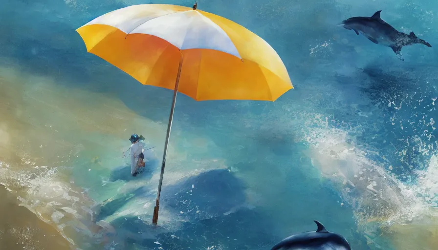 Image similar to craig mullins and ghibli digital illustration of, a dolphin in the blue dotted water, modern beach is covered with umbrellas, white waves ， yellow gravel coralsunreal engine, hyper realism, realistic shading, cinematic composition, realistic render, octane render, detailed textures, photorealistic, wide shot