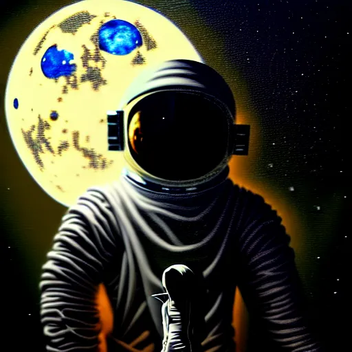 Prompt: full-body dark creepy baroque style oil painting realism a headless astronaut on the moon with futuristic elements. no head, empty helmet full-length view. standing on ancient altar eldritch energies lighting forming around disturbing frightening intricate artwork by caravaggio. Trending on artstation, cinematic lighting from the right, hyper realism, 8k, depth of field, 3D