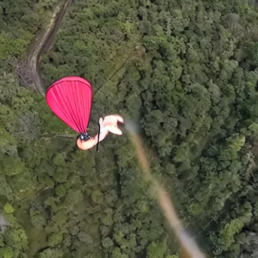 Prompt: a hairy dog with a big parachute jumping from a cliff. captured by a drone. wide camera. epic