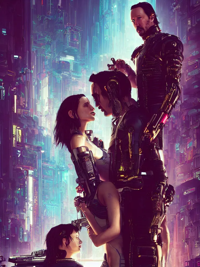 Prompt: a cyberpunk 2077 portrait of Keanu Reeves&female android in final kiss,love,film lighting,by Laurie Greasley,Lawrence Alma-Tadema,Dan Mumford,artstation,deviantart,FAN ART,full of color,Digital painting,face enhance,highly detailed,8K,octane,golden ratio,cinematic lighting