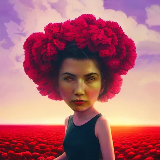 Image similar to head made of carnations flower, girl standing in a vast flower field, surreal photography, sunrise dramatic light, impressionist painting, colorful clouds, large sky, digital painting, artstation, simon stalenhag, flower face