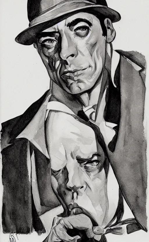 Prompt: buster keaton portrait drawn by john buscema, face and upper body focus, thin yet muscular acrobat, soft shading, watercolors, marvel comics high quality scan