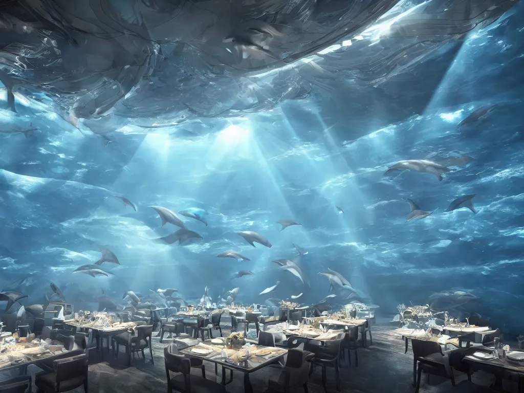 Prompt: Futuristic restaurant under water with dolphins and people inside. Rays of light shines through the water and dust clouds everywhere. Cinematic, ArtStation, realistic photograph, ambient, rays, lens flares. Unreal Engine, Blender, Maya, rendered by Octane, Arnold.