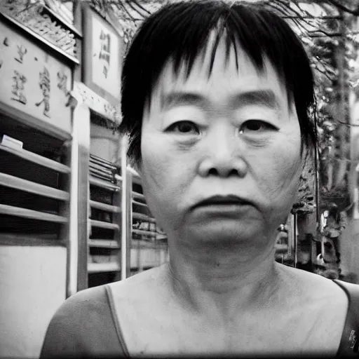 Prompt: photo of 张国荣 by Diane Arbus, extreme closeup, black and white, high contrast, Rolleiflex, 55mm f/4 lens