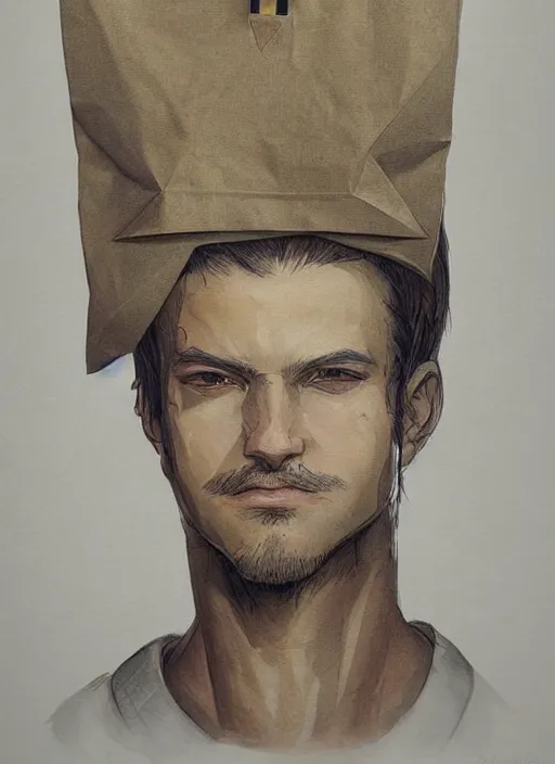 Prompt: a portrait of man with paperbag! on head, an ultrafine detailed painting, detailed painting, boris valejo. octopath traveler