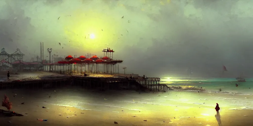 Image similar to concept art of a polluted beachfront with a broken pier and abandoned amusement park attractions, grimy, gritty, trending on artstation, award winning painting, cgi, art by ivan aivazovsky and john howe and filip hodas and zhang kechun