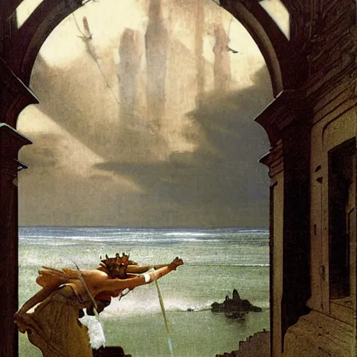 Prompt: Chalice knight leaving the castle through the bridge, thunderstorm, beach ocean on the background major arcana sky, by paul delaroche, alphonse mucha and arnold böcklin arnold böcklin hyperrealistic 8k, very detailed