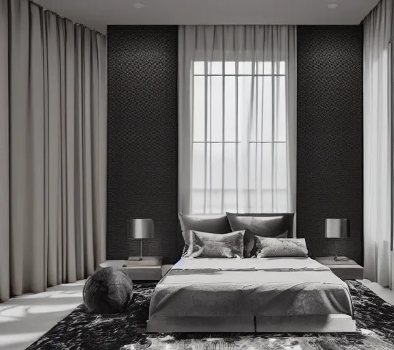 Image similar to brutalist black mansion luxury bedroom tall windows interior design minimalist organic, organic architecture furniture open space high quality octane render blender 8 k