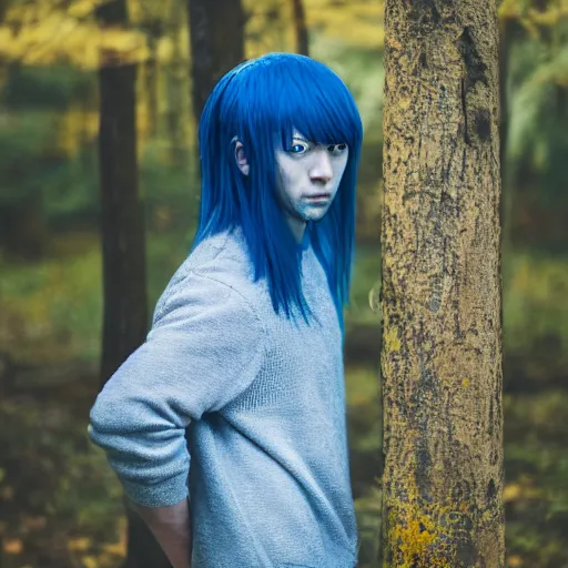 Prompt: rimuru tempest, young man blue hair,!!!!! yellow eyes!!!!! canon eos r 3, f / 1. 4, iso 2 0 0, 1 / 1 6 0 s, 8 k, raw, unedited, symmetrical balance, in - frame