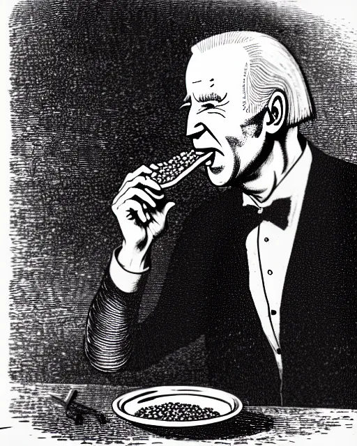 Image similar to illustration of joe biden eating a can of baked beans from the dictionarre infernal, etching by louis le breton, 1 8 6 9, 1 2 0 0 dpi scan