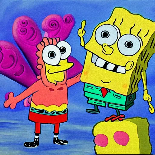 Prompt: a painting of SpongeBob SquarePants and Patrick star in the style of Mahmoud Farshchian