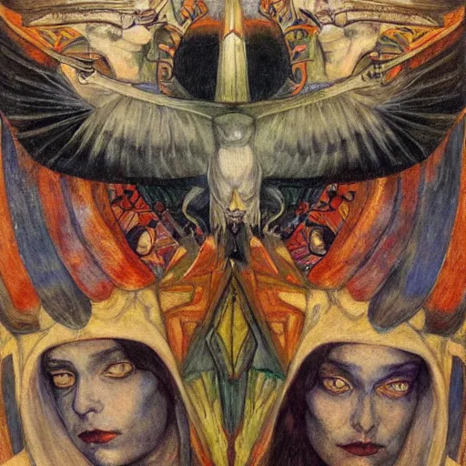 Image similar to war between the crow crown and the house of moths, by Annie Swynnerton and Diego Rivera, symbolist, dramatic lighting, elaborate geometric ornament, god rays, rich colors,smooth, sharp focus, extremely detailed