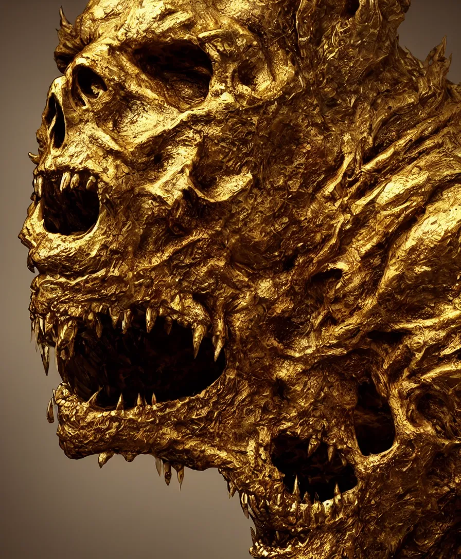 Prompt: hyper realistic gold gutter skull monster, art by greg rutkowski, intricate, ultra detailed, photorealistic, vibrante colors, trending on artstation, octane render, 4 k, 8 k