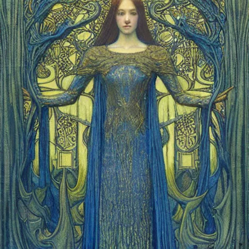 Prompt: a beautiful young medieval queen by jean delville, art nouveau, symbolist, visionary, gothic