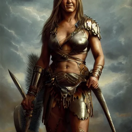 Image similar to the portrait of jennifer aniston as amazon warrior in an elegent dress by roberto ferri, fantasy, witcher, very detailed oil painting, masterpiece, 8 k, full face