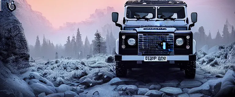 Image similar to Land Rover Defender 110 (1985), an epic fantasy, dramatic lighting, cinematic, establishing shot, extremely high detail, photorealistic, cinematic lighting, artstation, by simon stalenhag, The Elder Scrolls V: Skyrim, Nice view of the Shrine of Azura, giant statue of Azura, snow, mountains