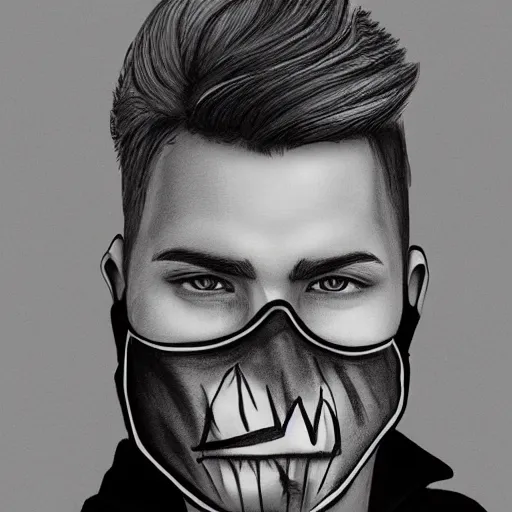 Image similar to professional pencil sketch of a young adult man with short blonde hair wearing a black face mask a black flannel shirt and black sweatpants, high quality, HD, 8K, highly detailed, award-winning