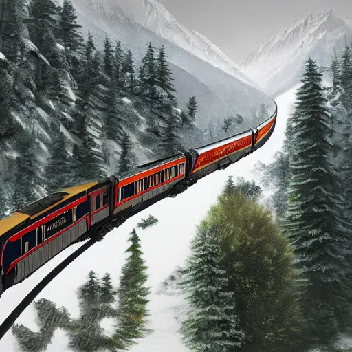 Image similar to a masterpiece of a train travels through the mountains and forests,artstation,highly detailed