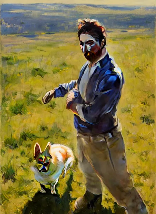 Prompt: Greg Manchess painting of a humanoid Corgi, countryside, calm, fantasy character portrait, dynamic pose, above view, sunny day, artwork by Jeremy Lipkin and Giuseppe Dangelico Pino and Michael Garmash and Rob Rey, very coherent asymmetrical artwork, sharp edges, perfect face, simple form, 100mm