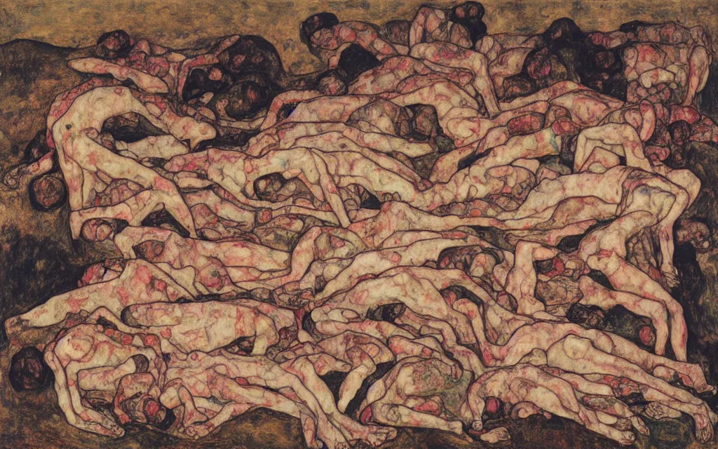 Image similar to a painting of a pile of bodies by egon schiele with influence of zdzisław beksinski, alfred kubin, oskar kokoschka, and egon schiele