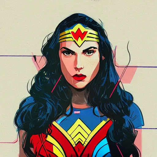 Prompt: Wonder Woman profile picture by Sachin Teng, asymmetrical, Organic Painting , Matte Painting, geometric shapes, hard edges, graffiti, street art:2 by Sachin Teng:4