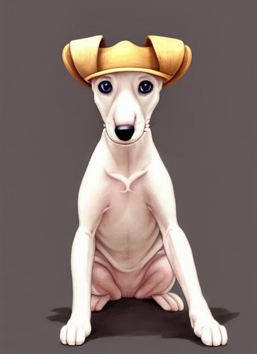 Image similar to cute whippet puppy wearing a trilby hat, natural lighting, path traced, highly detailed, high quality, digital painting, by don bluth and ross tran and studio ghibli and alphonse mucha, artgerm