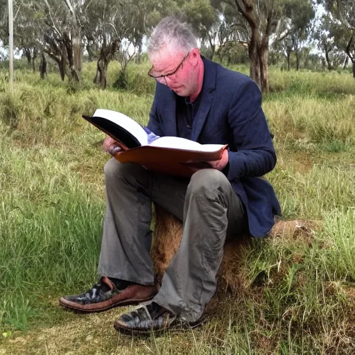 Image similar to Aussie opal hunter Greg The Bishop sat on the dunny reading Shakespeare