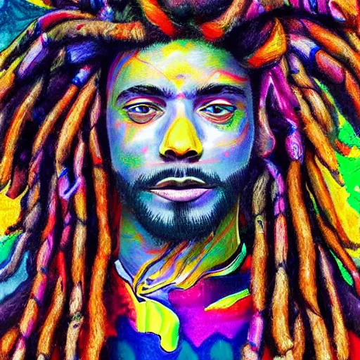 Prompt: a very high detailed painting of a psychedelic man with dreadlocks in cyberspace