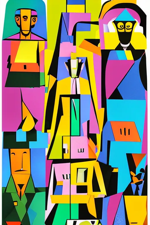 Image similar to cubist moai statue cutout digital illustration cartoon colorful beeple