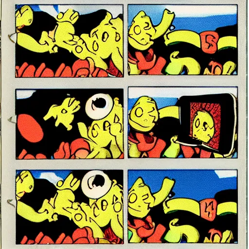 Image similar to macaroni fights each other. film strip. 4 frames.