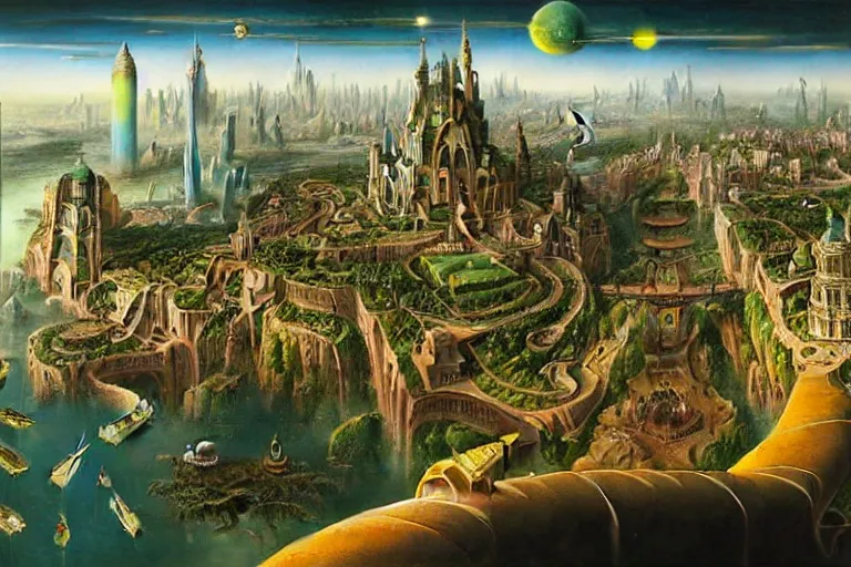 Prompt: a beautiful stunning insanely detailed matte painting of a magical mythical city at the edge of world buzzing with activity by Heironymous Bosch and Jim Burns