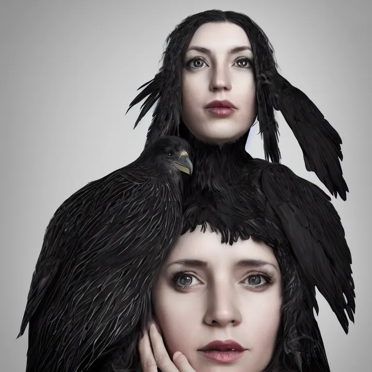 Image similar to hight focus of a wonderful realistic focused sweet wonderful symmetrical mid portrait in the center of image, of a lonely woman with a only a dress like a realistic black raven, dramatic light, octane render - 8 k