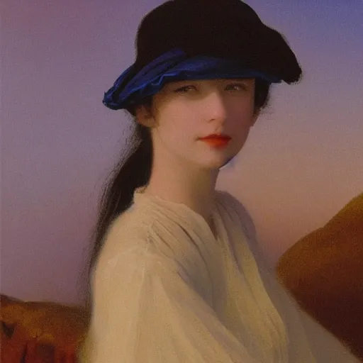 Image similar to a young woman's face, her hair is white and she wears a cobalt blue satin cloak, by ivan aivazovsky and syd mead and moebius and gaston bussiere and roger dean and pieter claesz and paul delaroche and alma tadema and willem claesz and gerard ter borch, hyperrealistic, volumetric light, octane render