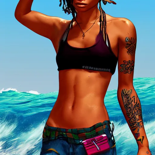 Image similar to zoe kravitz as a california surfer girl, full body shot, gta 5 cover art, hd digital art, trending on artstation