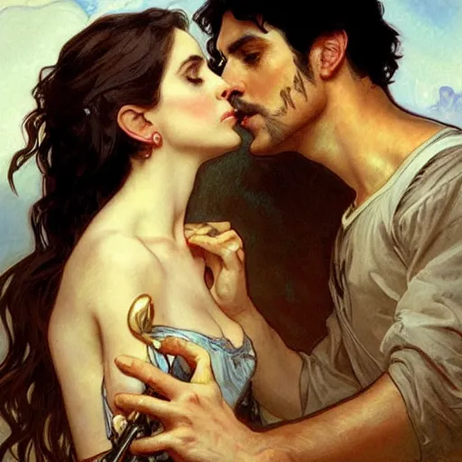 Image similar to young alison brie kissing a man - horse, painted by artgerm and greg rutkowski and alphonse mucha. clear highly detailed face, beautiful fantasy art,