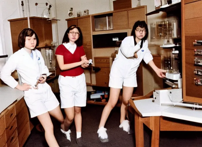 Image similar to realistic photo of a three young female scientists wearing white shorts, faces hidden veil, watching at a levitating fluffy furry cloud, in a living room sci - fi laboratory with many wooden gadgets made of wood interior is made of wood 1 9 9 0, life magazine reportage photo, natural colors