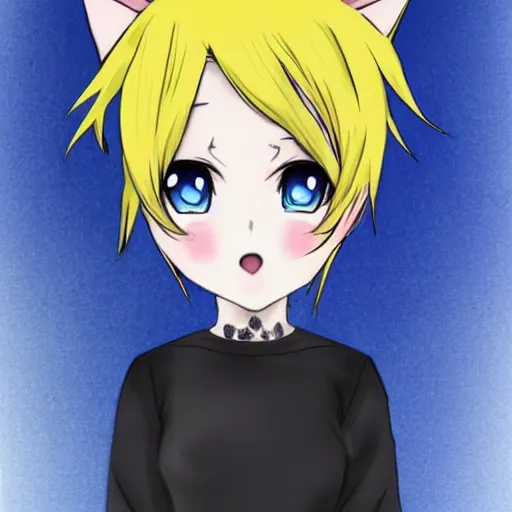 Prompt: anime little cat girl with yellow hair and blue eyes