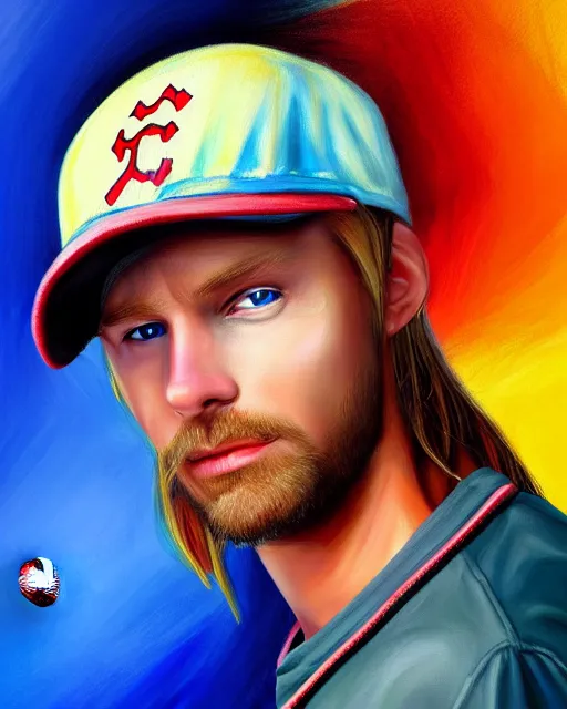 Image similar to colorful painting of a man with long blond hair with a baseball cap with a propeller on top, matte painting, trending on art station, ultra - detailed, hq