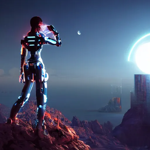 Prompt: A cyborg lady with her cat standing on her shoulders, standing on a cliff looking down at a futuristic city, with the atmosphere colored pale red, with dust particles and grains of wind blowing, and the moon is closely seen in the sky.