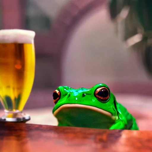 Prompt: a high resolution cinematic medium shot professional photo of frog drinking beer, from the grand budapest hotel, in style of wes anderson.