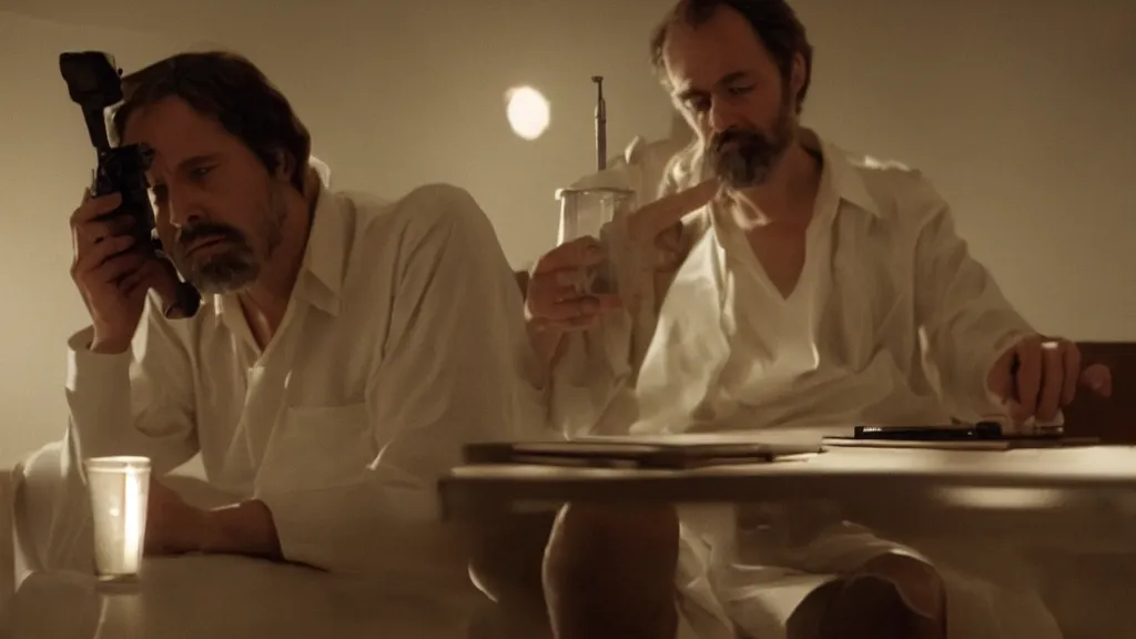 Prompt: Using Stable Diffusion for the first time and staying up way past your bedtime, man bleary eyed at a computer, film still from the movie directed by Denis Villeneuve with art direction by Salvador Dalí, wide lens