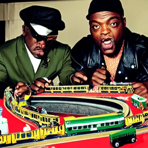 Image similar to album cover for public enemy playing with a toy train set eating hamburgers