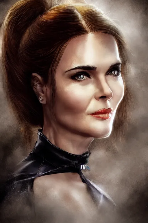 Image similar to portrait of a mix of beautiful young maria shriver, mariel hemmingway, brooke shields, nicole kidman and elle macpherson as catwoman, thin lips, hair tied up in a pony tail, colorful artstation, cgsociety