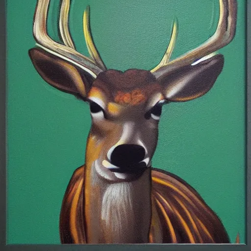 Prompt: deer smoking a cigarette, stylized, artistic, expressive, contrasting colors, brown and green, rule of thirds, dripping paint, masterful art