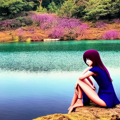 Image similar to elegant princess sitting by a lake, purple eyes, anime style, award winning art