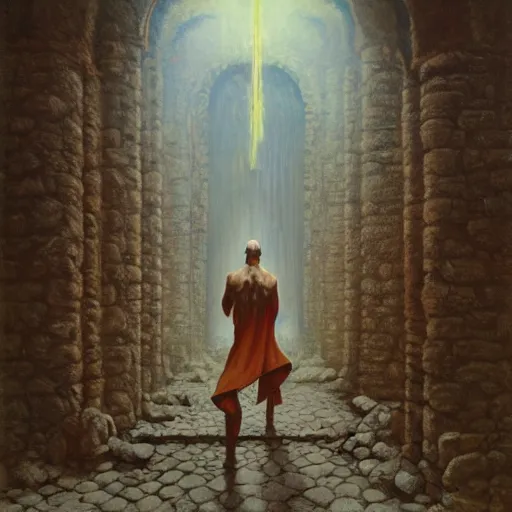 Prompt: A 70s style Dungeons & Dragons, extremely detailed oil painting of a young male time wizard in a cursed ruined temple by zdzisław beksiński and Igor Kieryluk, trending on artstation