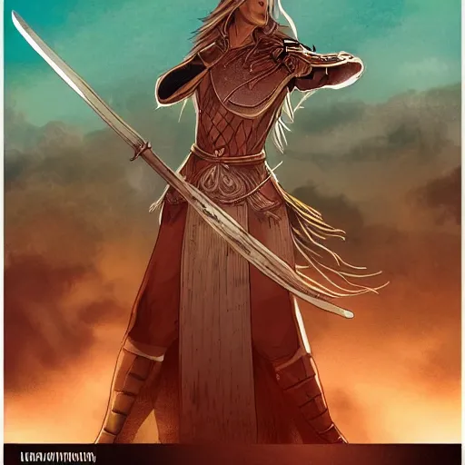 Prompt: a graphic novel cover for a fantasy epic about a female warrior in a new dimension